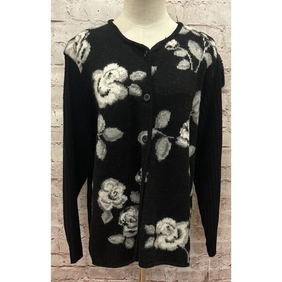 Susan Bristol Cardigan Plus 2W Wool Black Floral Detach Faux Fur Collar NEW - Picture 5 of 5